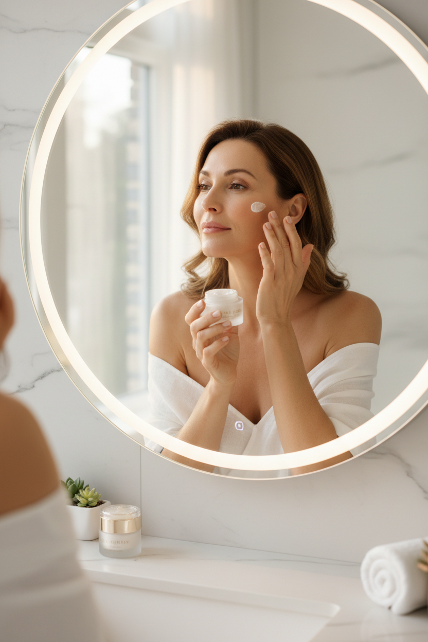 Donna con skincare Elorya - lino bianco