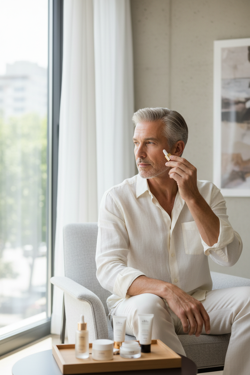 Uomo con skincare Elorya - lino