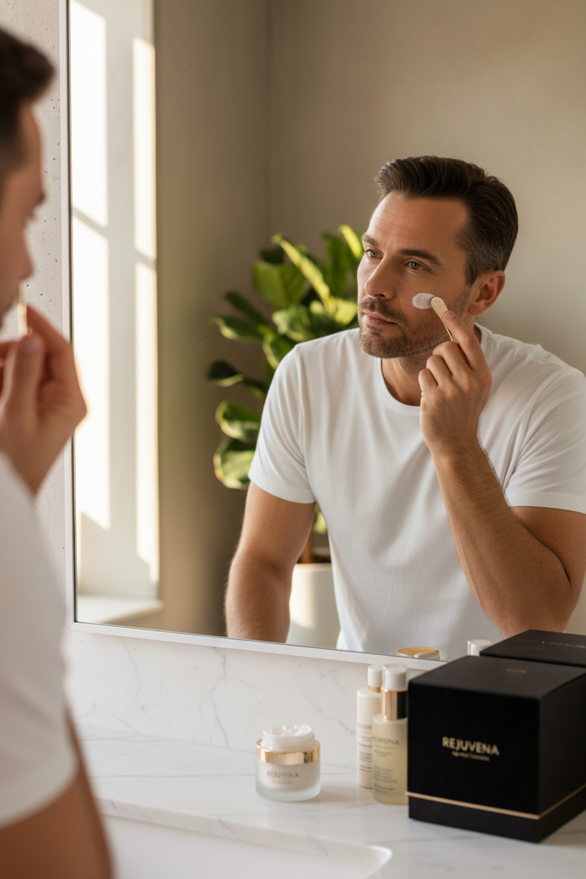 Uomo con skincare Elorya - t-shirt bianca